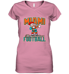 NFL Miami Christmas Dabbing Santa Playing Miami Football Women's V-Neck T-Shirt Women's V-Neck T-Shirt - jonhlittlestore88