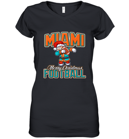 NFL Miami Christmas Dabbing Santa Playing Miami Football Women's V-Neck T-Shirt Women's V-Neck T-Shirt / Black / S Women's V-Neck T-Shirt - jonhlittlestore88