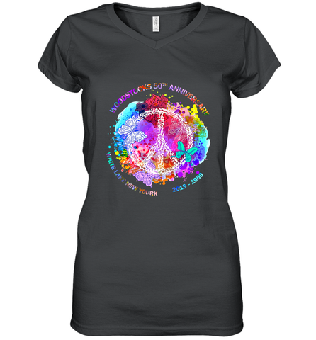Woodstocks 50th Anniversary Peace Love tee Women's V-Neck T-Shirt Women's V-Neck T-Shirt / Black / S Women's V-Neck T-Shirt - jonhlittlestore88