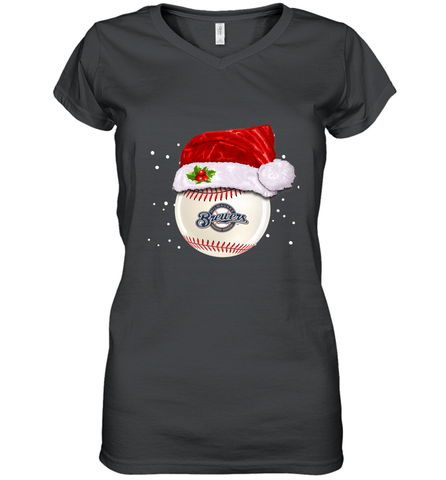 Milwaukee Brewers Logo Baseball Ball Christmas Santa Hat Xmas Sport Funny Snow Women's V-Neck T-Shirt Women's V-Neck T-Shirt / Black / S Women's V-Neck T-Shirt - jonhlittlestore88