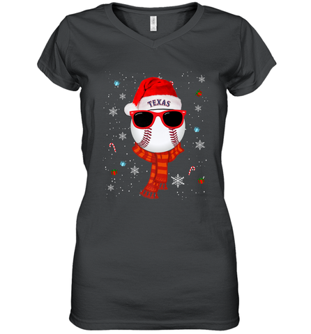 Texas Rangers Logo Christmas Baseball Player Glasses Santa Hat Pajama Gift Women's V-Neck T-Shirt Women's V-Neck T-Shirt / Black / S Women's V-Neck T-Shirt - jonhlittlestore88
