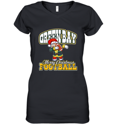 NFL Green Bay Christmas Funny Dabbing Santa Playing Football Women's V-Neck T-Shirt