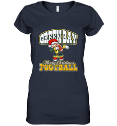 NFL Green Bay Christmas Funny Dabbing Santa Playing Football Women's V-Neck T-Shirt