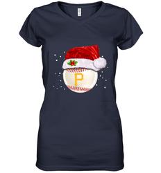 Pittsburgh Pirates Logo Baseball Ball Christmas Santa Hat Xmas Sport Funny Snow Women's V-Neck T-Shirt
