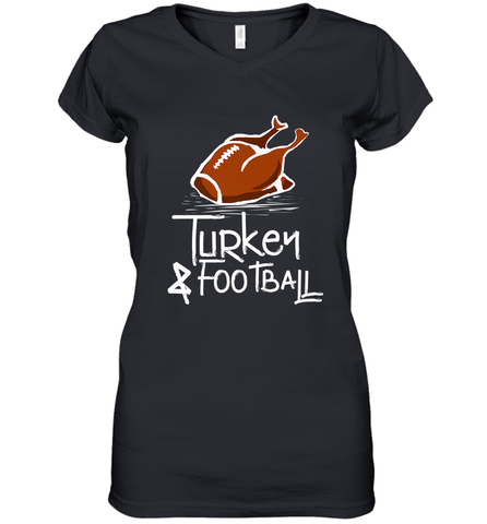 Turkey And Football Thanksgiving Day Football Fan Holiday Gift Women's V-Neck T-Shirt Women's V-Neck T-Shirt / Black / S Women's V-Neck T-Shirt - jonhlittlestore88