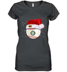 Oakland Athletics Logo Baseball Ball Christmas Santa Hat Xmas Sport Funny Snow Women's V-Neck T-Shirt