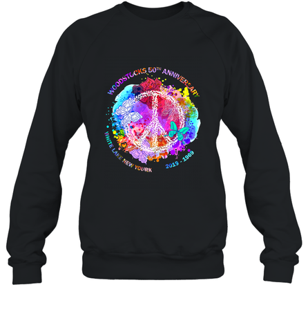 Woodstocks 50th Anniversary Peace Love tee Crewneck Sweatshirt Crewneck Sweatshirt / Black / S Crewneck Sweatshirt - jonhlittlestore88