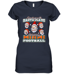 NFL Miami Christmas Funny Santa Claus Watching Football Women's V-Neck T-Shirt