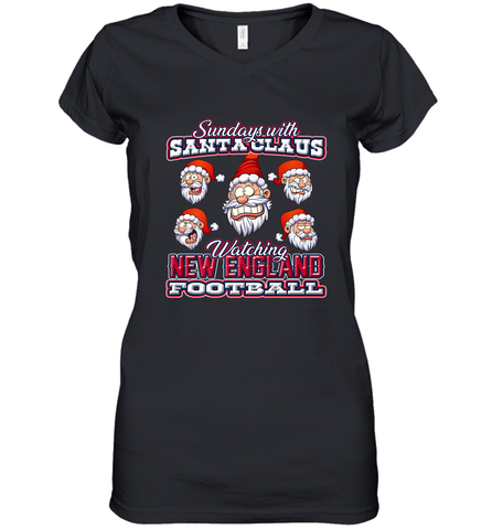 New England Christmas Funny Santa Claus Watching Football Women's V-Neck T-Shirt Women's V-Neck T-Shirt / Black / S Women's V-Neck T-Shirt - jonhlittlestore88