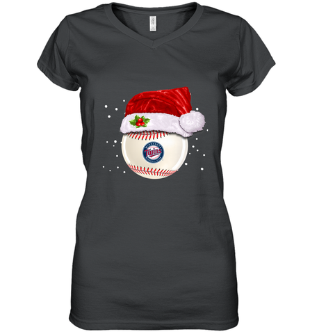 Minnesota Twins Logo Baseball Ball Christmas Santa Hat Xmas Sport Funny Snow Women's V-Neck T-Shirt Women's V-Neck T-Shirt / Black / S Women's V-Neck T-Shirt - jonhlittlestore88