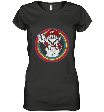 Super Mario Rainbow Circle Distressed Logo Women's V-Neck T-Shirt Women's V-Neck T-Shirt / Black / S Women's V-Neck T-Shirt - jonhlittlestore88