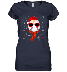 Pittsburgh Pirates Logo Christmas Baseball Player Glasses Santa Hat Pajama Gift Women's V-Neck T-Shirt