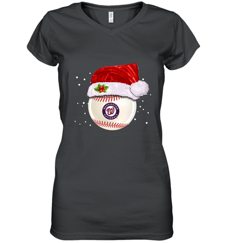 Washington Nationals Logo Baseball Ball Christmas Santa Hat Xmas Sport Funny Snow Women's V-Neck T-Shirt Women's V-Neck T-Shirt / Black / S Women's V-Neck T-Shirt - jonhlittlestore88