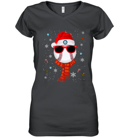 Seattle Mariners Logo Christmas Baseball Player Glasses Santa Hat Pajama Gift Women's V-Neck T-Shirt Women's V-Neck T-Shirt / Black / S Women's V-Neck T-Shirt - jonhlittlestore88