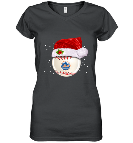 New York Mets Logo Baseball Ball Christmas Santa Hat Xmas Sport Funny Snow Women's V-Neck T-Shirt Women's V-Neck T-Shirt / Black / S Women's V-Neck T-Shirt - jonhlittlestore88